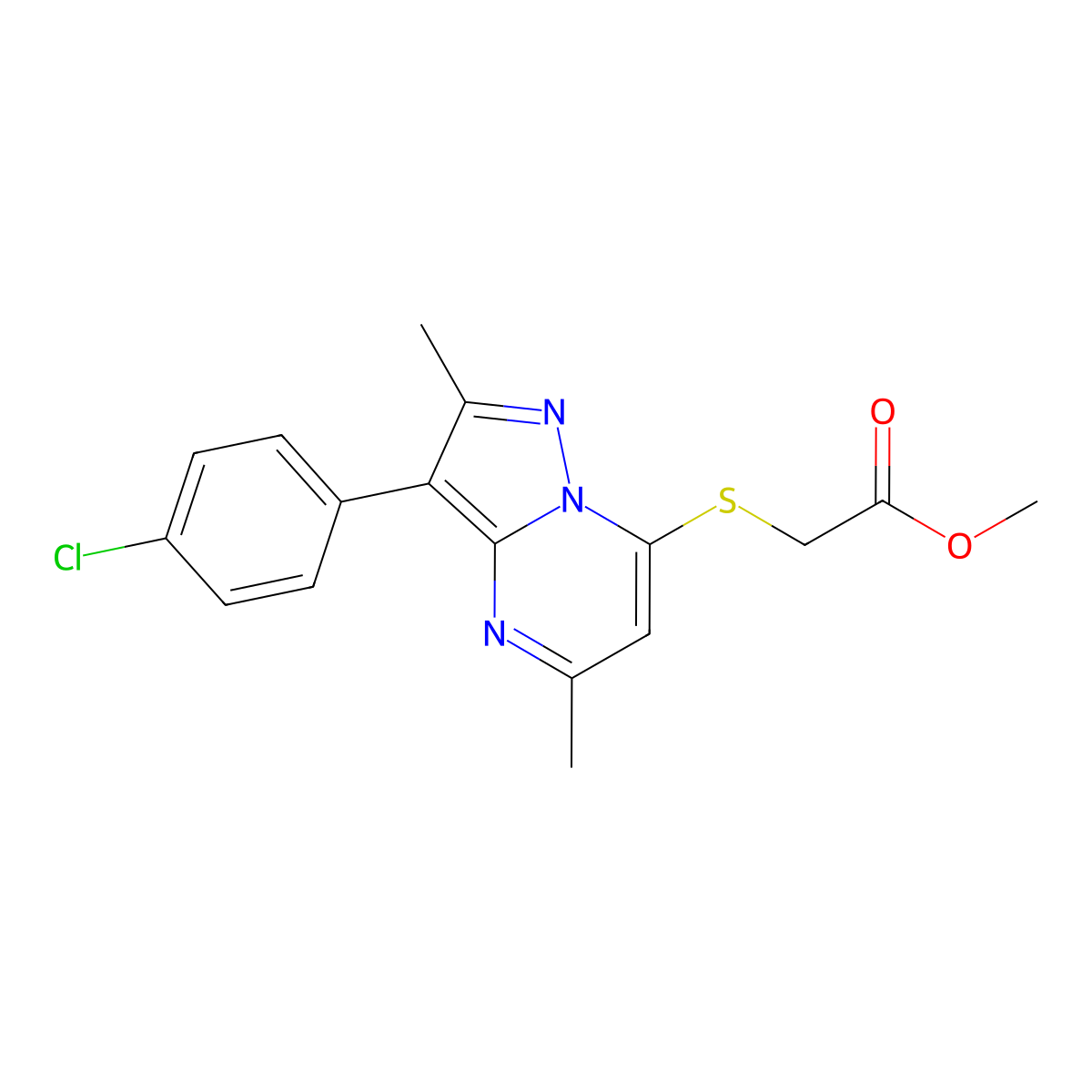 Methyl {[3-(4-chlorophenyl)-2,5-dimethylpyrazolo[1,5-a]pyrimidin-7-yl]sulfanyl}acetate molecular structure, CAS 850745-03-8