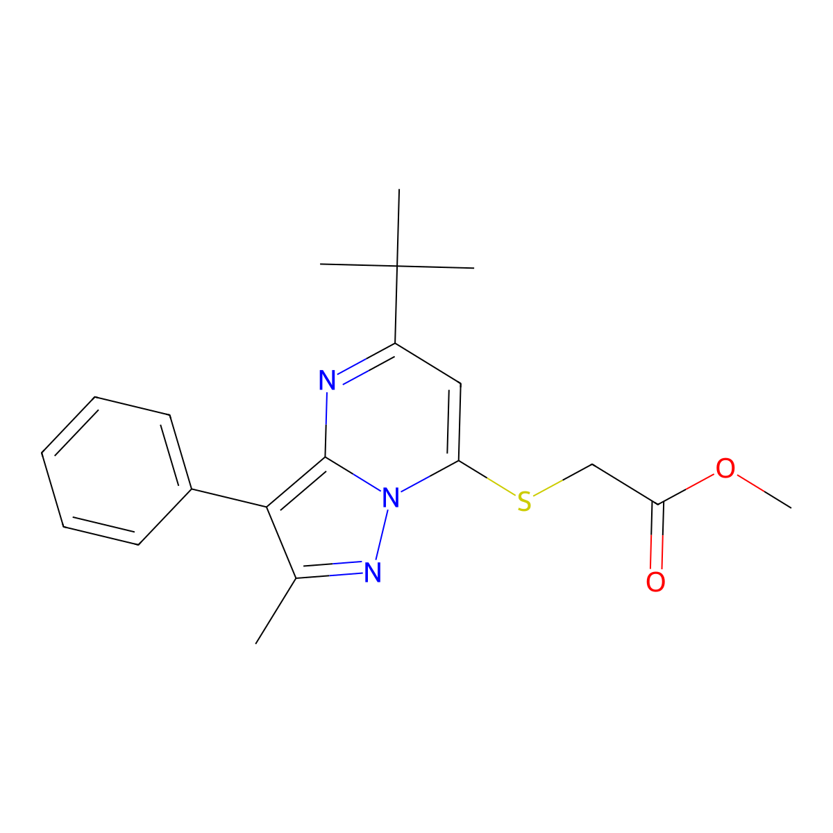 Methyl [(5-tert-butyl-2-methyl-3-phenylpyrazolo[1,5-a]pyrimidin-7-yl)sulfanyl]acetate molecular structure, CAS 850745-09-4