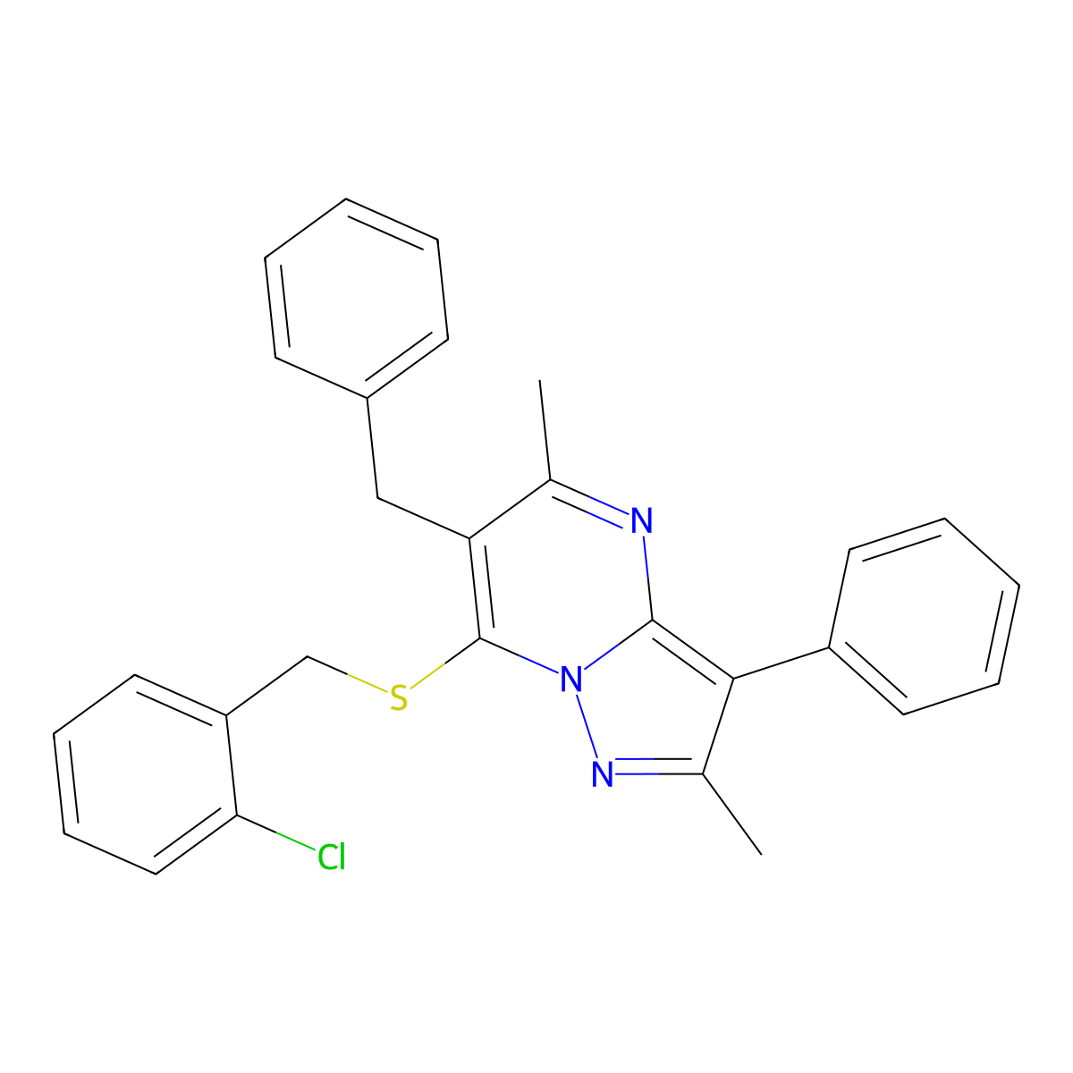 6-Benzyl-7-[(2-chlorobenzyl)sulfanyl]-2,5-dimethyl-3-phenylpyrazolo[1,5-a]pyrimidine molecular structure, CAS 850745-71-0
