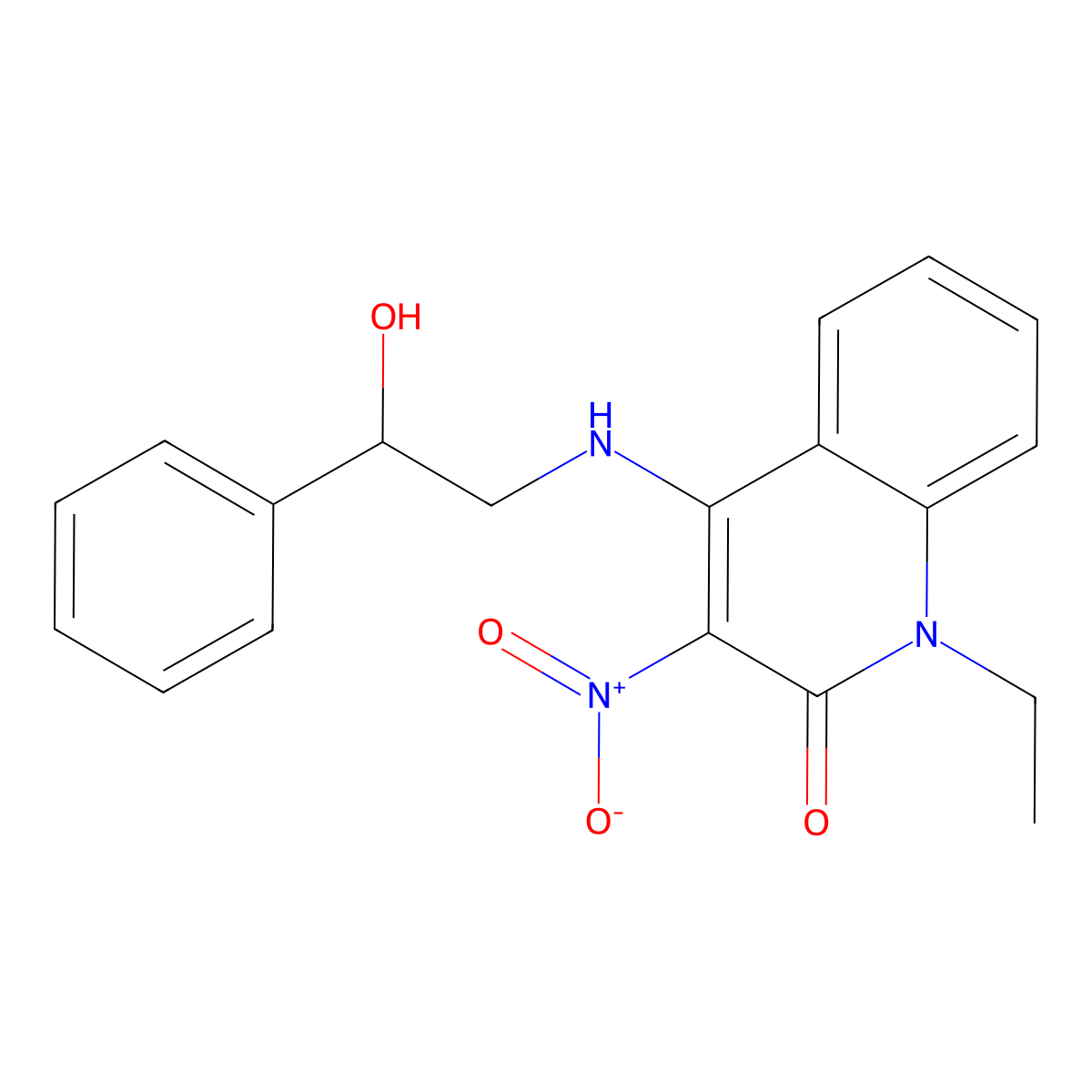 1-ethyl-4-((2-hydroxy-2-phenylethyl)amino)-3-nitroquinolin-2(1H)-one molecular structure, CAS 850745-88-9