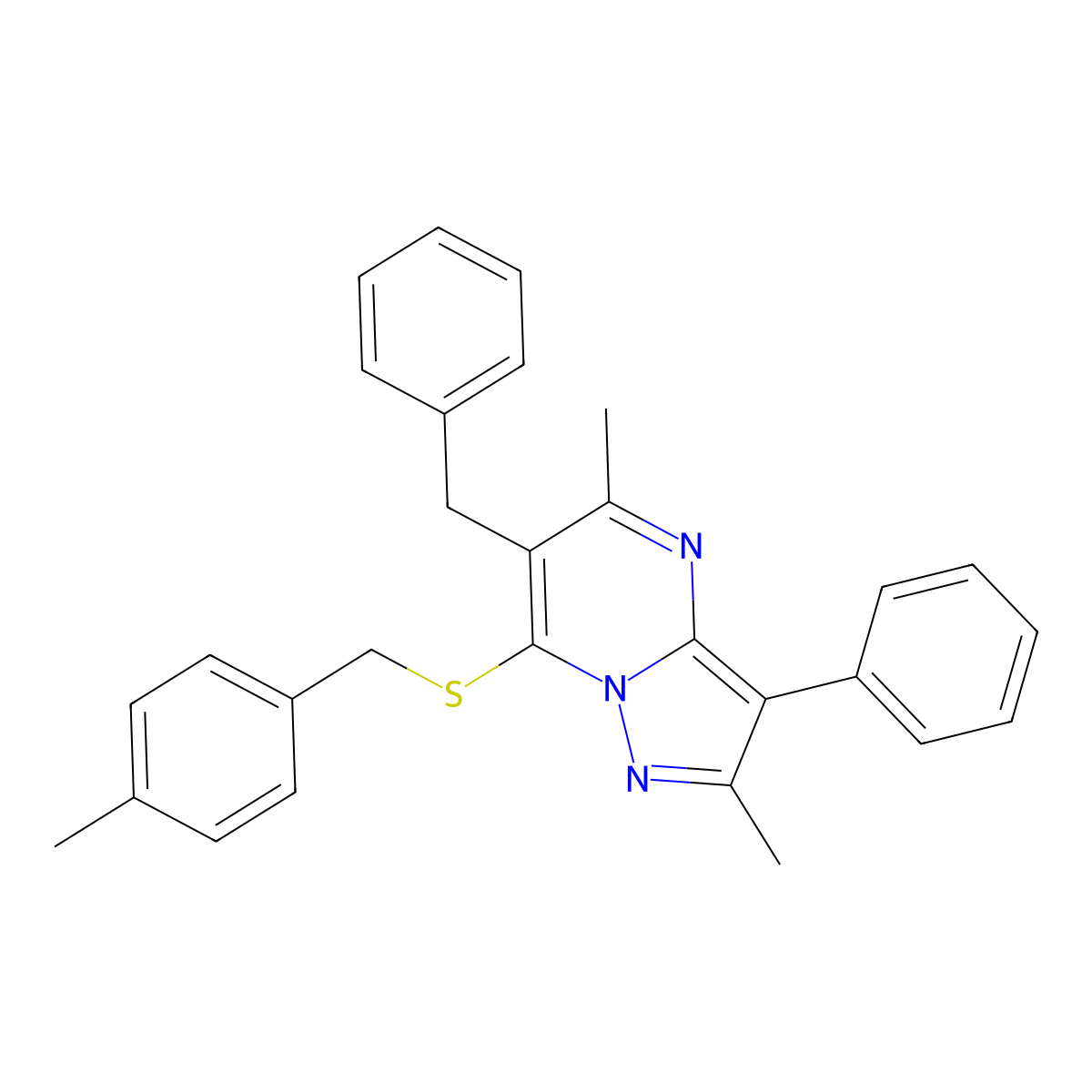 6-Benzyl-2,5-dimethyl-7-[(4-methylbenzyl)sulfanyl]-3-phenylpyrazolo[1,5-a]pyrimidine molecular structure, CAS 850746-53-1