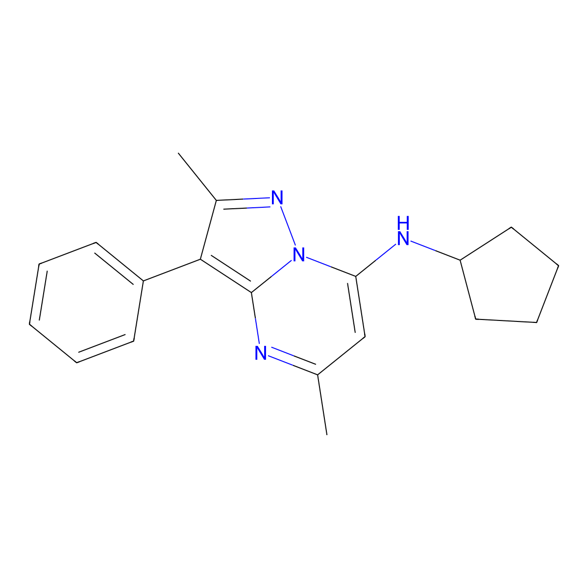 N-cyclopentyl-2,5-dimethyl-3-phenylpyrazolo[1,5-a]pyrimidin-7-amine molecular structure, CAS 850746-57-5