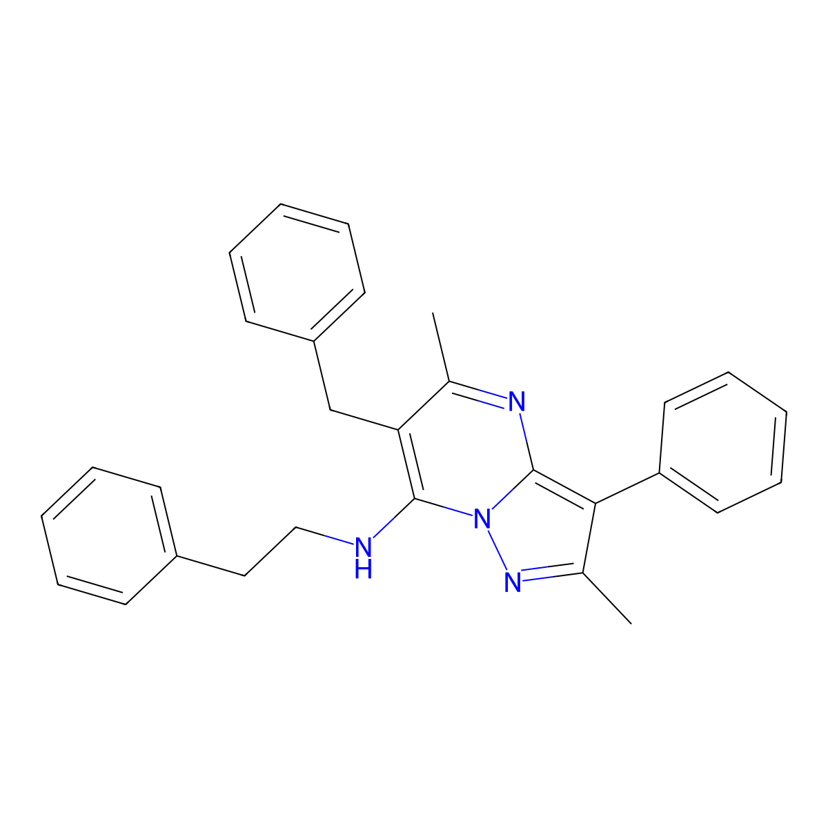 6-benzyl-2,5-dimethyl-3-phenyl-N-(2-phenylethyl)pyrazolo[1,5-a]pyrimidin-7-amine molecular structure, CAS 850747-07-8