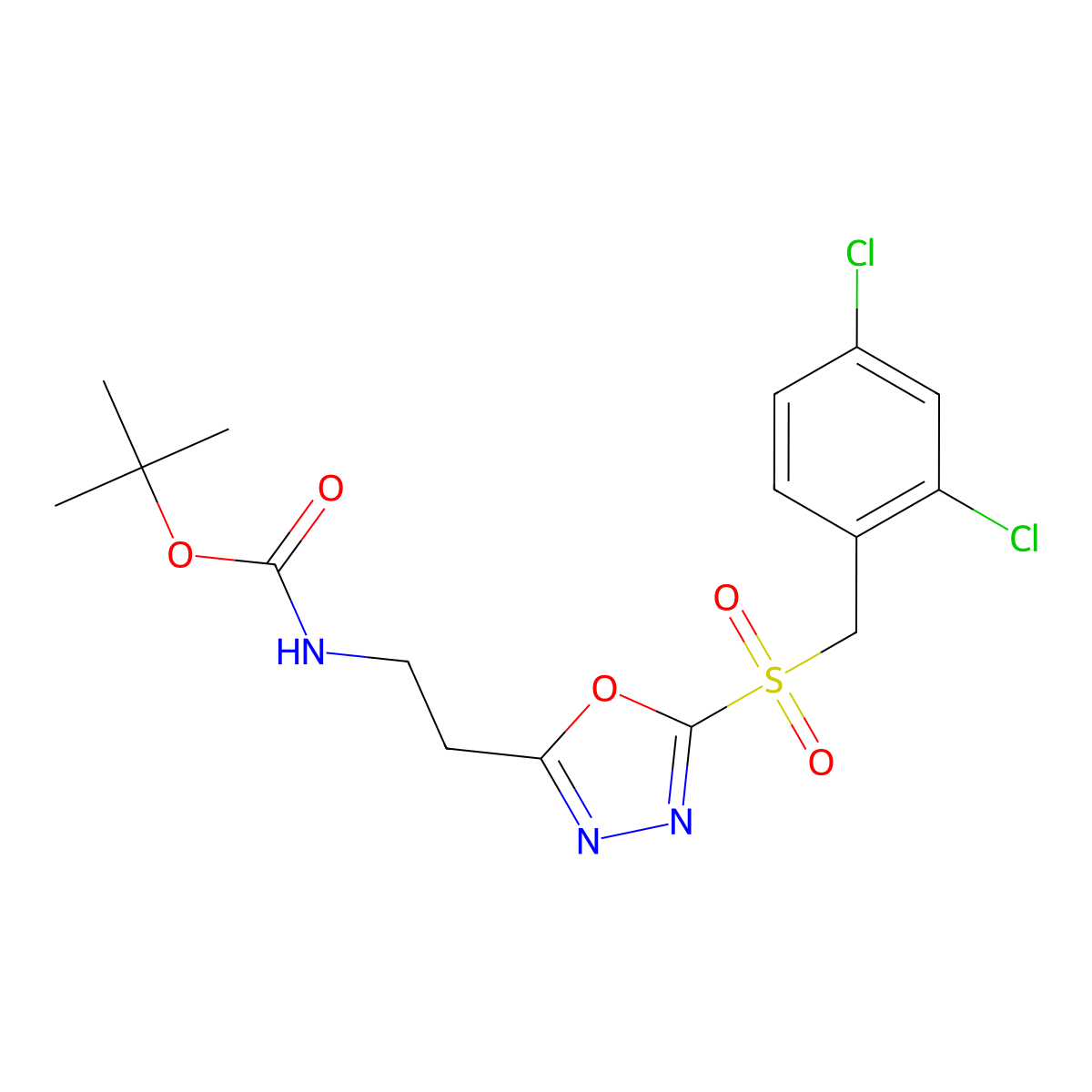 tert-butyl N-[2-[5-[(2,4-dichlorophenyl)methylsulfonyl]-1,3,4-oxadiazol-2-yl]ethyl]carbamate molecular structure, CAS 850749-39-2