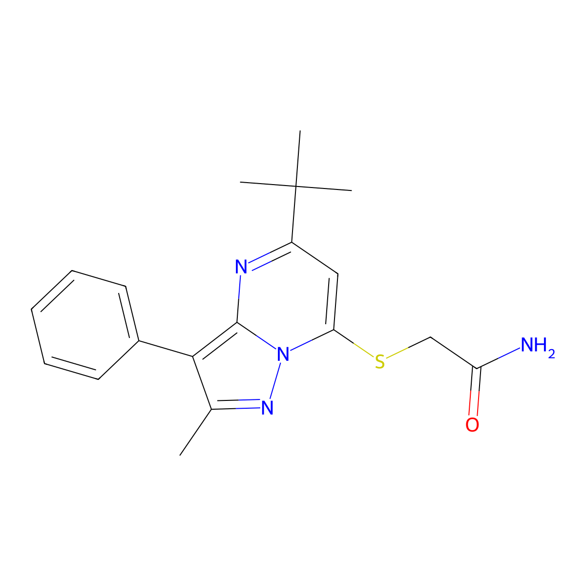 2-((5-(Tert-butyl)-2-methyl-3-phenylpyrazolo[1,5-a]pyrimidin-7-yl)thio)acetamide molecular structure, CAS 850750-12-8