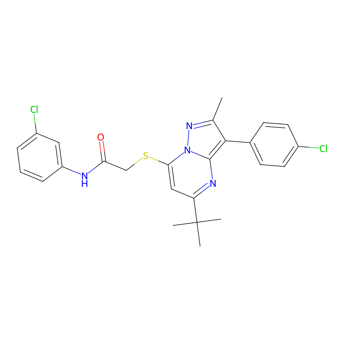 2-{[5-tert-butyl-3-(4-chlorophenyl)-2-methylpyrazolo[1,5-a]pyrimidin-7-yl]sulfanyl}-N-(3-chlorophenyl)acetamide molecular structure, CAS 850750-83-3