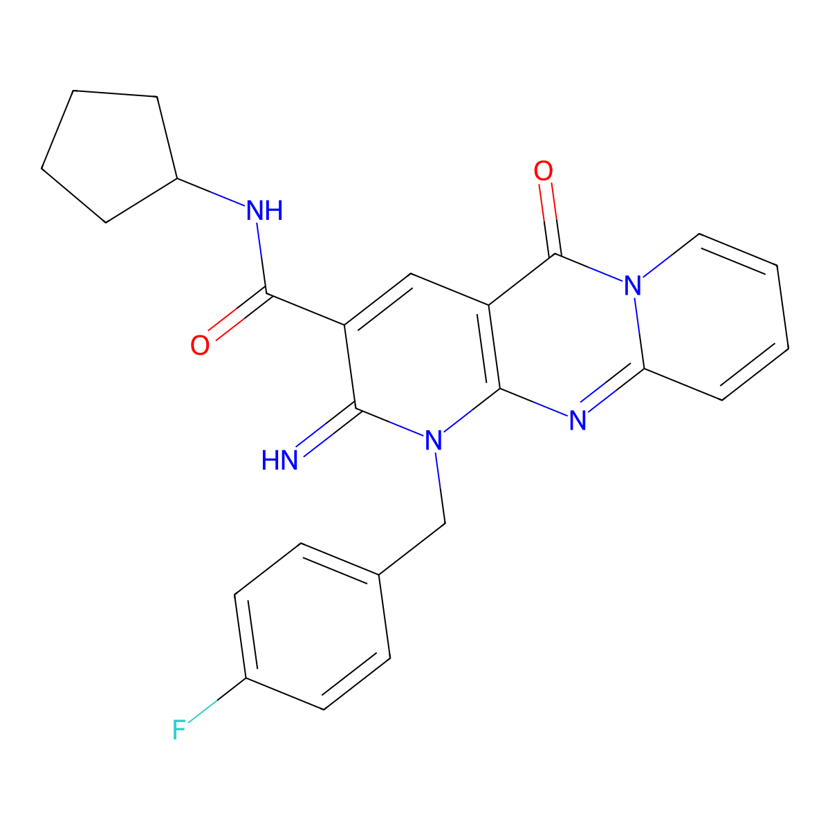 N-cyclopentyl-7-[(4-fluorophenyl)methyl]-6-imino-2-oxo-1,7,9-triazatricyclo[8.4.0.0^{3,8}]tetradeca-3(8),4,9,11,13-pentaene-5-carboxamide molecular structure, CAS 850750-87-7