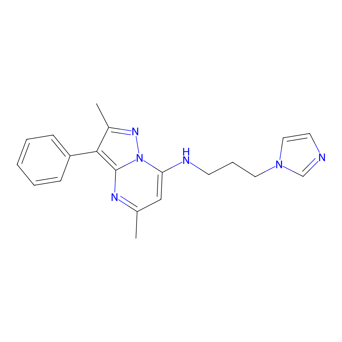 N-(3-imidazol-1-ylpropyl)-2,5-dimethyl-3-phenylpyrazolo[1,5-a]pyrimidin-7-amine molecular structure, CAS 850751-43-8