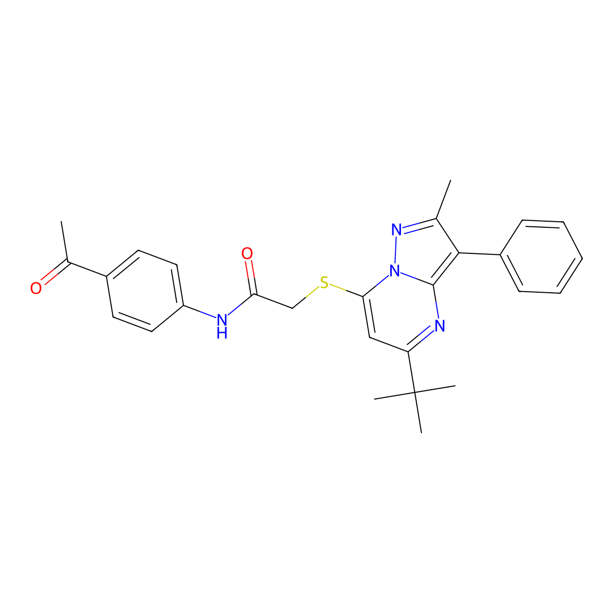 N-(4-acetylphenyl)-2-[(5-tert-butyl-2-methyl-3-phenylpyrazolo[1,5-a]pyrimidin-7-yl)sulfanyl]acetamide molecular structure, CAS 850752-27-1
