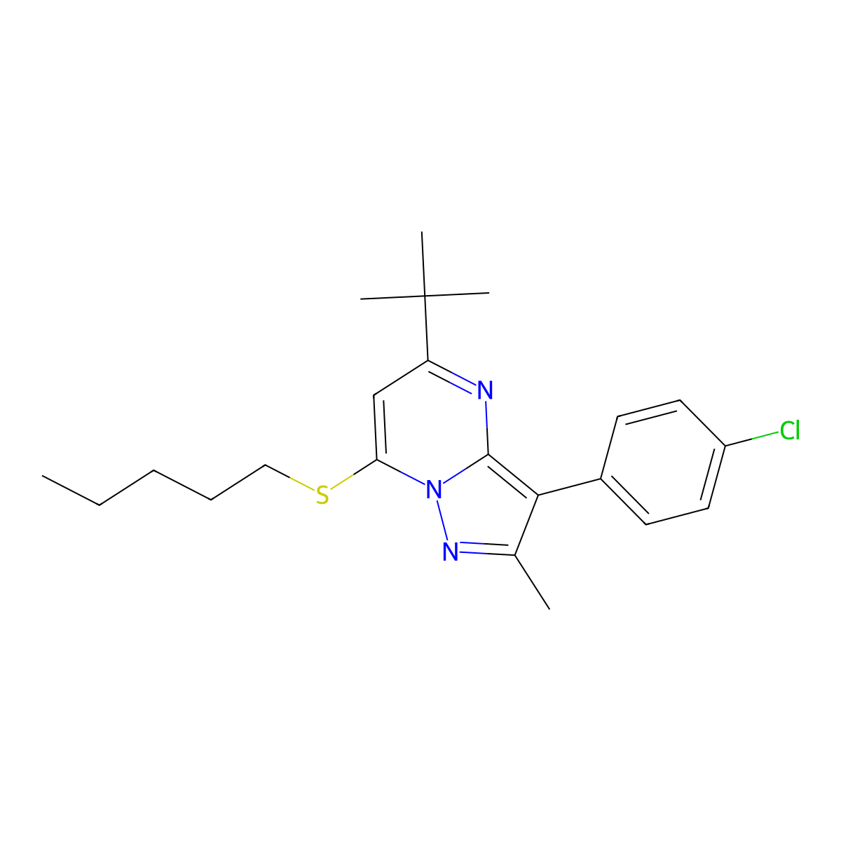5-Tert-butyl-3-(4-chlorophenyl)-2-methyl-7-(pentylsulfanyl)pyrazolo[1,5-a]pyrimidine molecular structure, CAS 850752-58-8