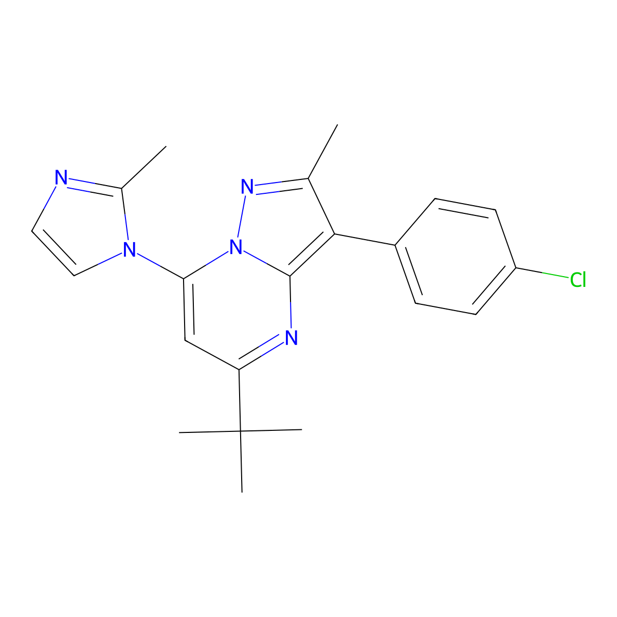5-(tert-butyl)-3-(4-chlorophenyl)-2-methyl-7-(2-methyl-1H-imidazol-1-yl)pyrazolo[1,5-a]pyrimidine molecular structure, CAS 850762-30-0