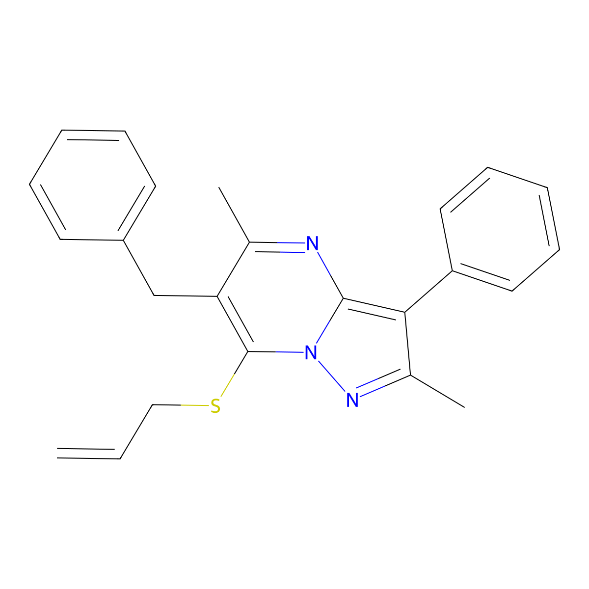 6-Benzyl-2,5-dimethyl-3-phenyl-7-(prop-2-en-1-ylsulfanyl)pyrazolo[1,5-a]pyrimidine molecular structure, CAS 850762-55-9