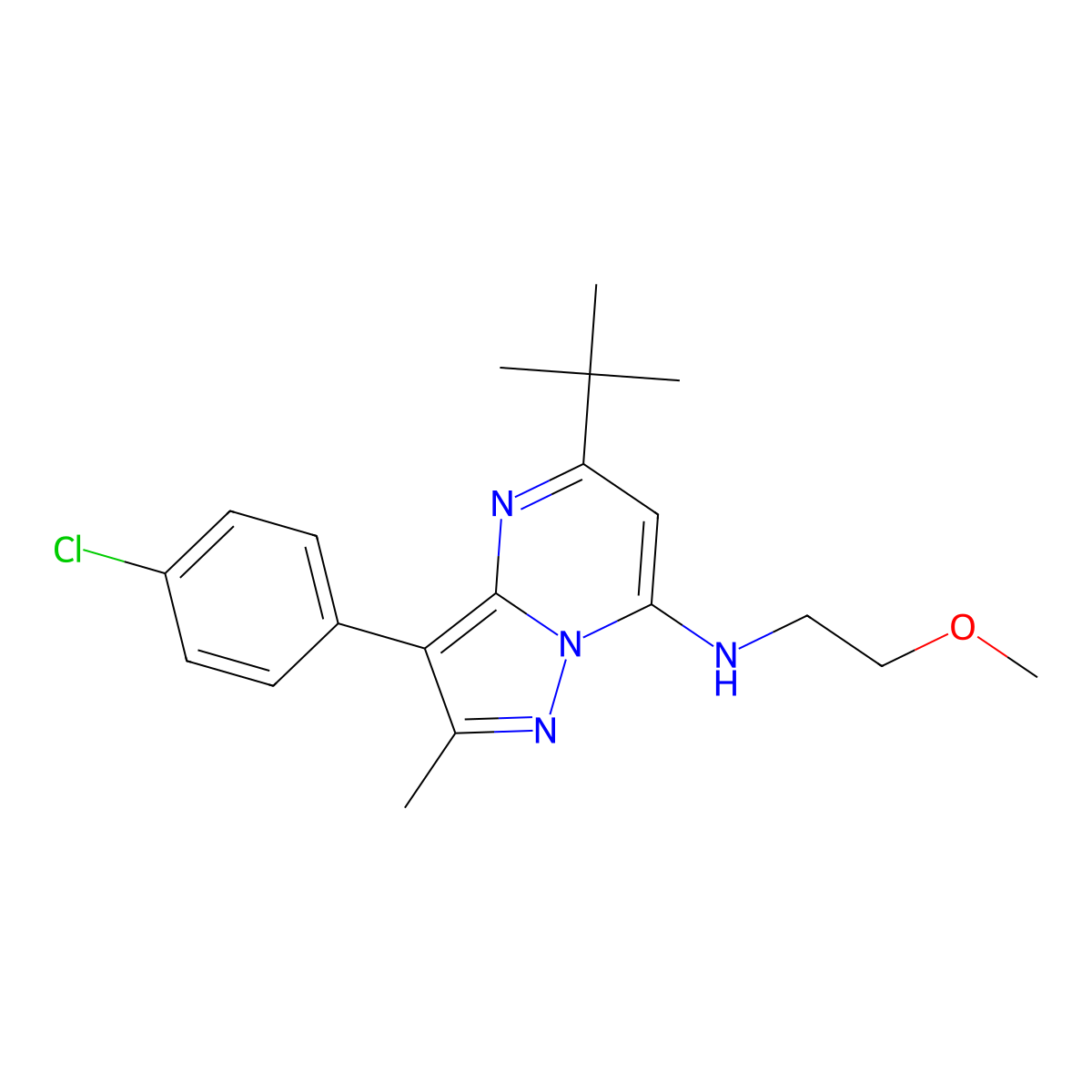 5-tert-butyl-3-(4-chlorophenyl)-N-(2-methoxyethyl)-2-methylpyrazolo[1,5-a]pyrimidin-7-amine molecular structure, CAS 850762-74-2