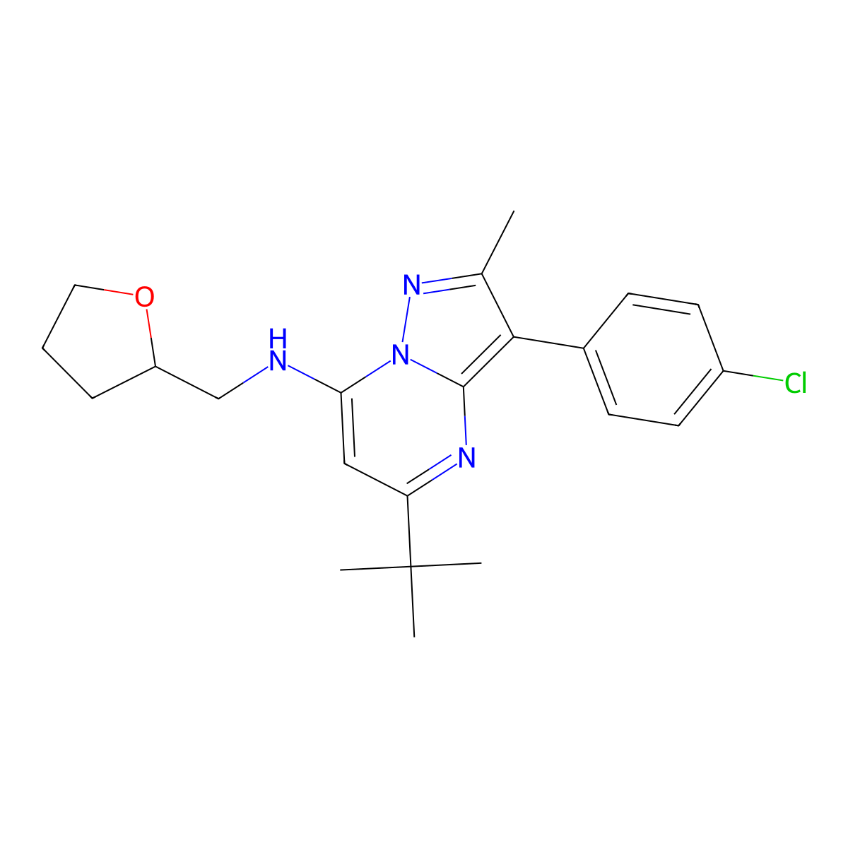 5-(tert-butyl)-3-(4-chlorophenyl)-2-methyl-N-((tetrahydrofuran-2-yl)methyl)pyrazolo[1,5-a]pyrimidin-7-amine molecular structure, CAS 850763-88-1