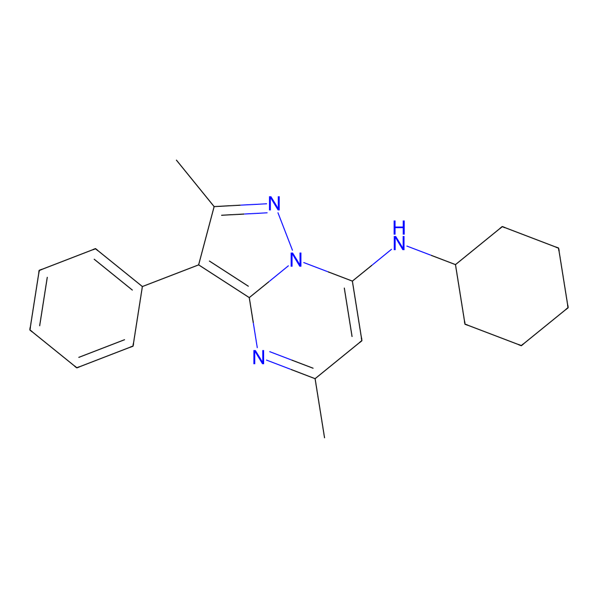 N-cyclohexyl-2,5-dimethyl-3-phenylpyrazolo[1,5-a]pyrimidin-7-amine molecular structure, CAS 850764-32-8