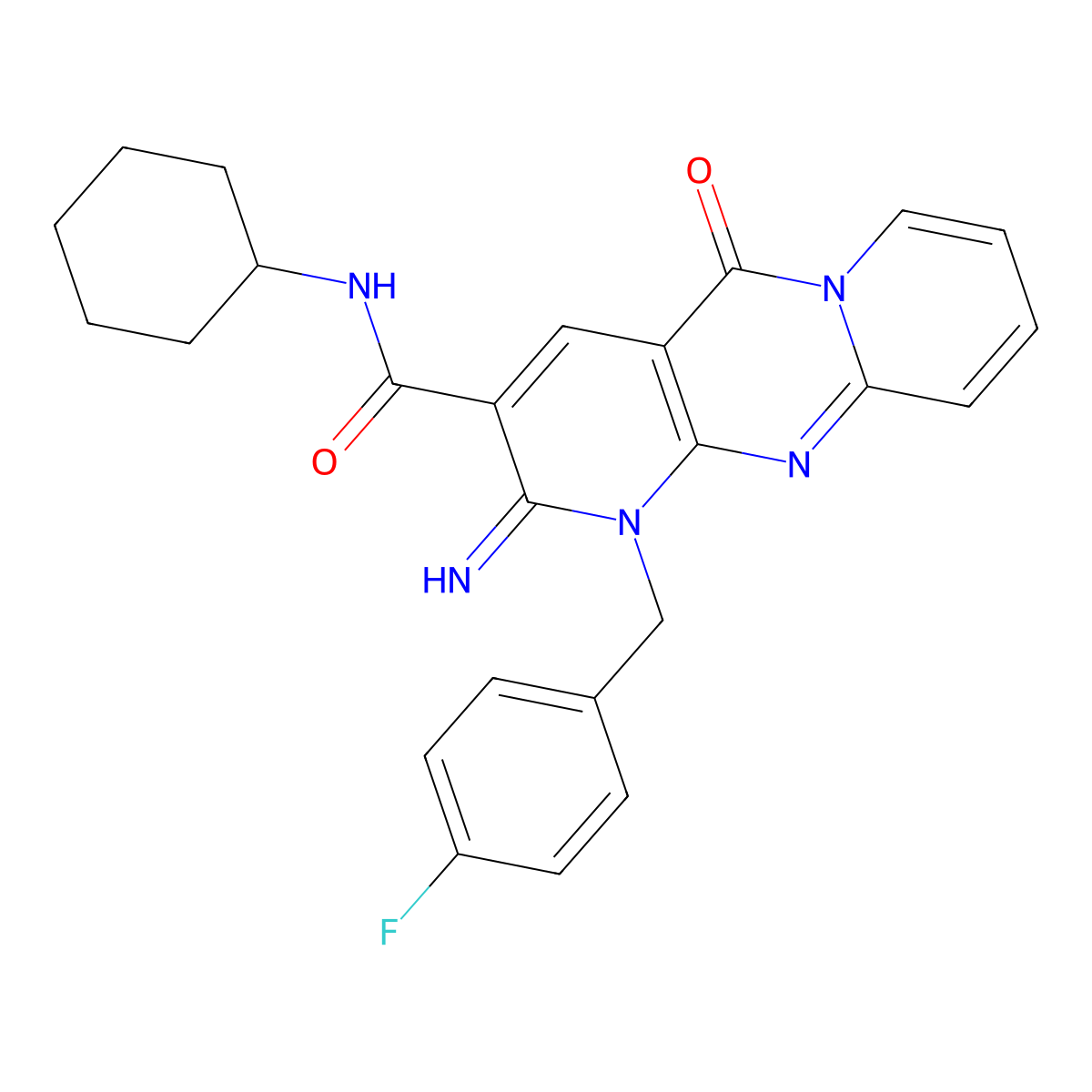 2-azanylidene-N-cyclohexyl-1-[(4-fluorophenyl)methyl]-5-oxidanylidene-dipyrido[1,2-e:4'',3''-f]pyrimidine-3-carboxamide molecular structure, CAS 850764-54-4
