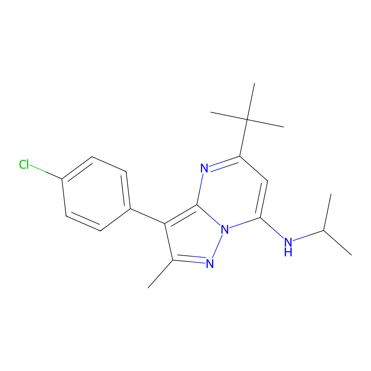 5-tert-butyl-3-(4-chlorophenyl)-2-methyl-N-(propan-2-yl)pyrazolo[1,5-a]pyrimidin-7-amine molecular structure, CAS 850764-61-3