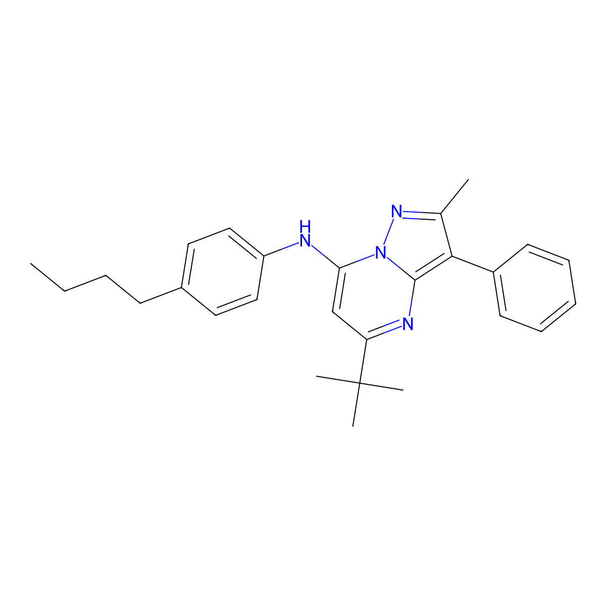 5-tert-butyl-N-(4-butylphenyl)-2-methyl-3-phenylpyrazolo[1,5-a]pyrimidin-7-amine molecular structure, CAS 850764-79-3