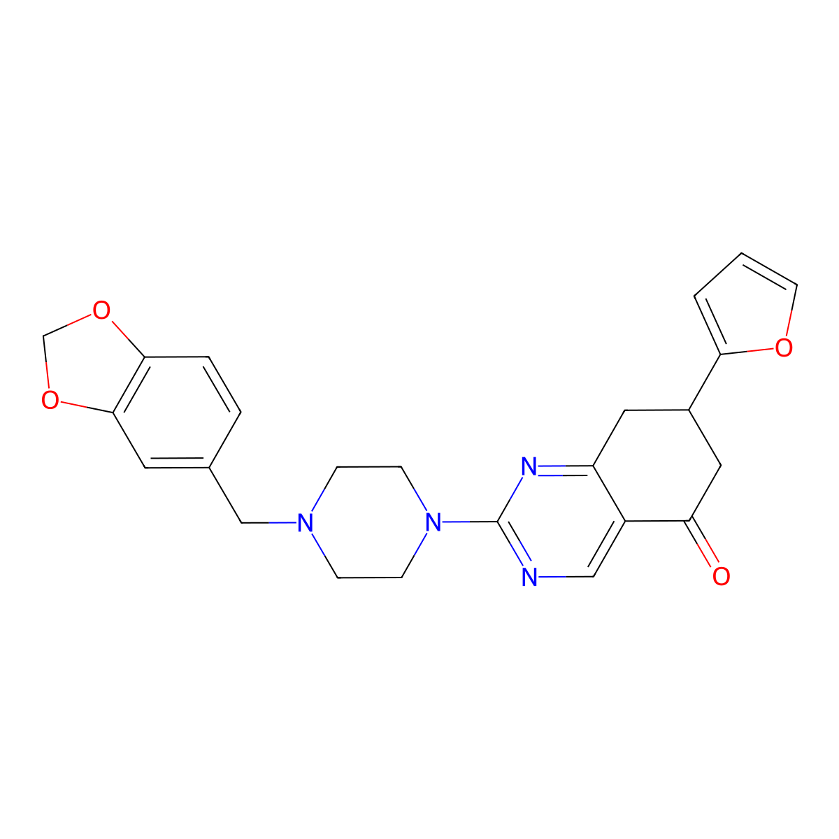 2-[4-(1,3-benzodioxol-5-ylmethyl)piperazin-1-yl]-7-(furan-2-yl)-7,8-dihydroquinazolin-5(6H)-one molecular structure, CAS 850765-28-5