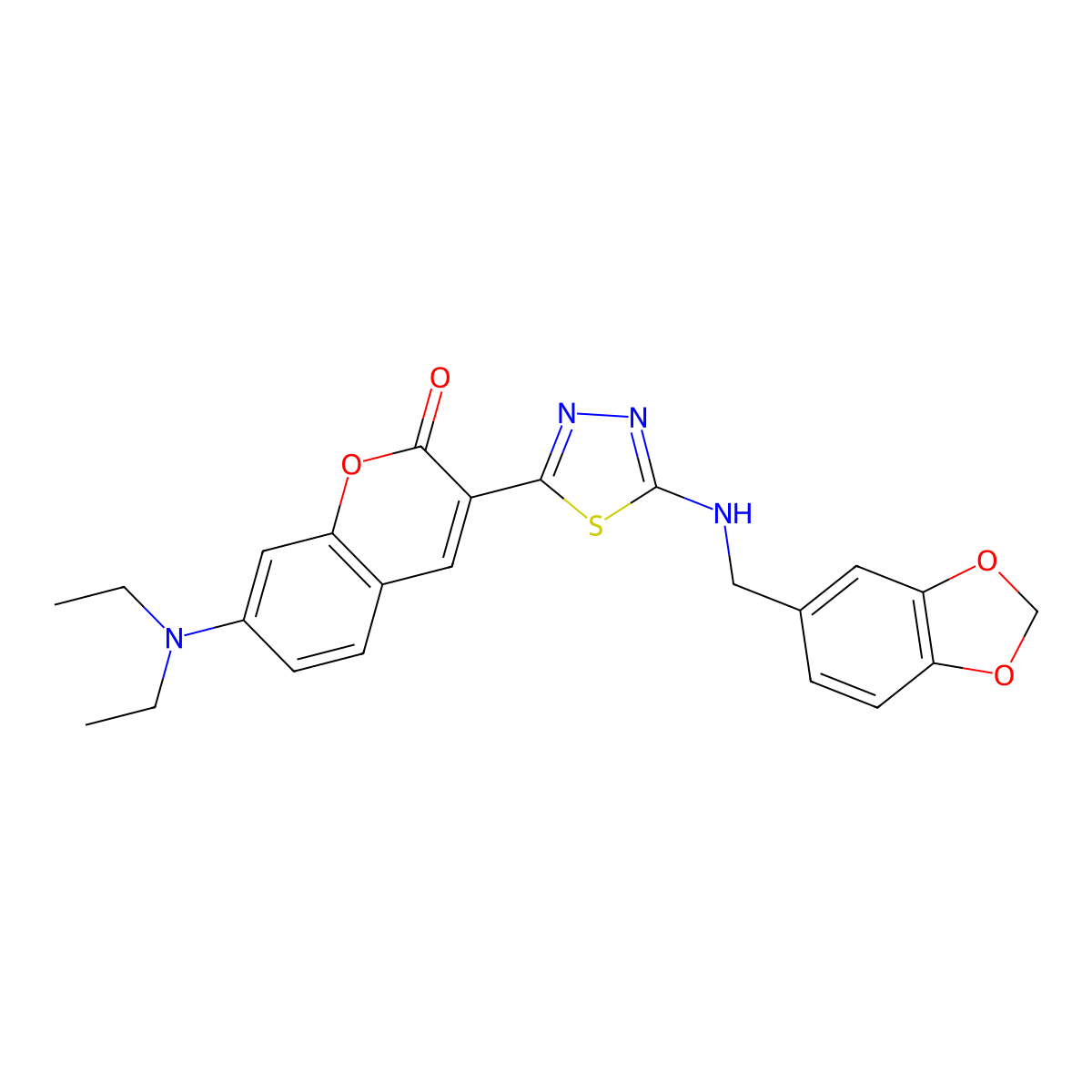 3-(5-((benzo[d][1,3]dioxol-5-ylmethyl)amino)-1,3,4-thiadiazol-2-yl)-7-(diethylamino)-2H-chromen-2-one molecular structure, CAS 850781-75-8