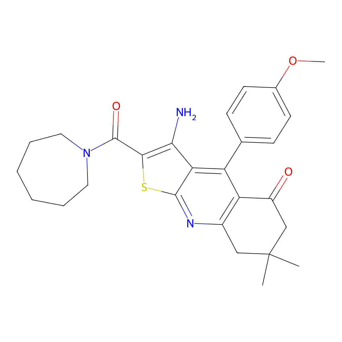 3-amino-2-(azepane-1-carbonyl)-4-(4-methoxyphenyl)-7,7-dimethyl-7,8-dihydrothieno[2,3-b]quinolin-5(6H)-one molecular structure, CAS 850782-23-9