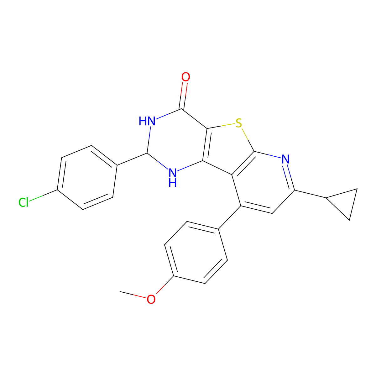 2-(4-chlorophenyl)-7-cyclopropyl-9-(4-methoxyphenyl)-2,3-dihydropyrido[3',2':4,5]thieno[3,2-d]pyrimidin-4(1H)-one molecular structure, CAS 850782-26-2
