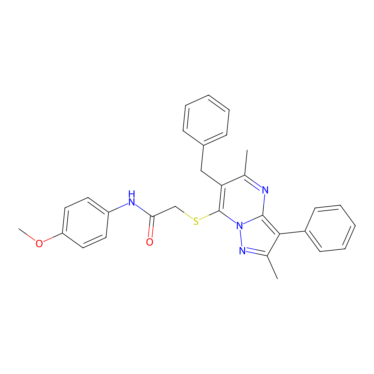 2-[(6-benzyl-2,5-dimethyl-3-phenylpyrazolo[1,5-a]pyrimidin-7-yl)sulfanyl]-N-(4-methoxyphenyl)acetamide molecular structure, CAS 850800-09-8