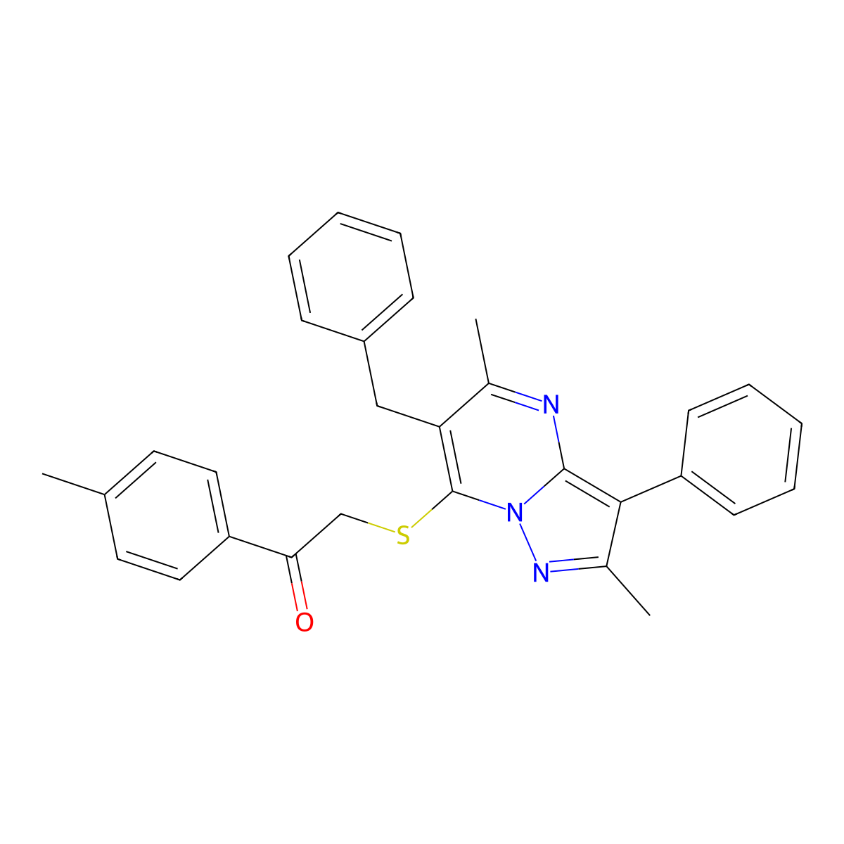 2-[(6-Benzyl-2,5-dimethyl-3-phenylpyrazolo[1,5-a]pyrimidin-7-yl)sulfanyl]-1-(4-methylphenyl)ethanone molecular structure, CAS 850800-10-1