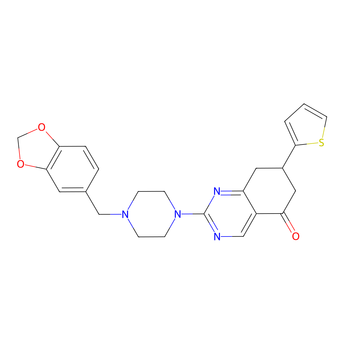 2-[4-(1,3-benzodioxol-5-ylmethyl)piperazin-1-yl]-7-(thiophen-2-yl)-7,8-dihydroquinazolin-5(6H)-one molecular structure, CAS 850800-22-5