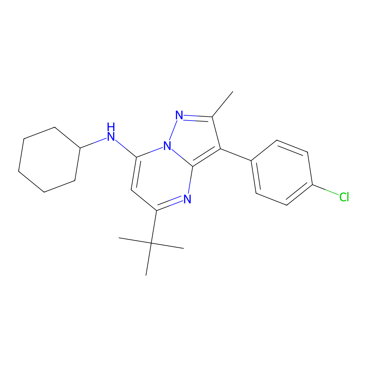 5-tert-butyl-3-(4-chlorophenyl)-N-cyclohexyl-2-methylpyrazolo[1,5-a]pyrimidin-7-amine molecular structure, CAS 850800-57-6