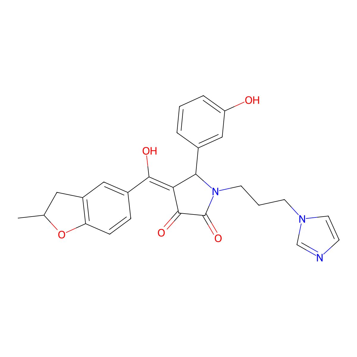 3-hydroxy-5-(3-hydroxyphenyl)-1-[3-(1H-imidazol-1-yl)propyl]-4-(2-methyl-2,3-dihydro-1-benzofuran-5-carbonyl)-2,5-dihydro-1H-pyrrol-2-one molecular structure, CAS 850801-24-0