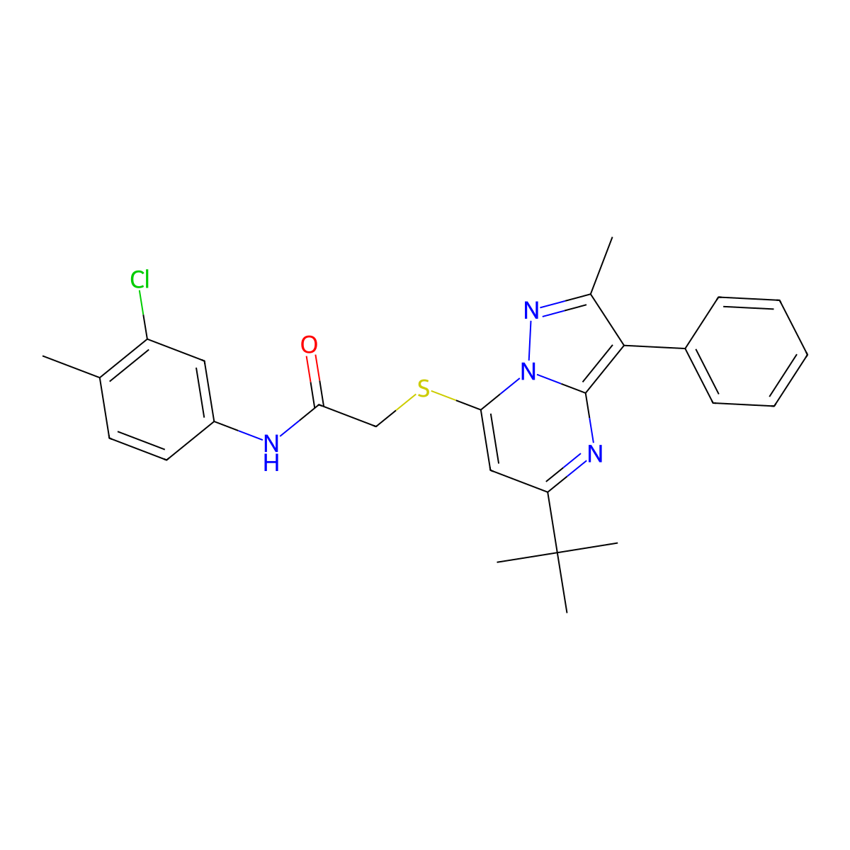 2-[(5-tert-butyl-2-methyl-3-phenylpyrazolo[1,5-a]pyrimidin-7-yl)sulfanyl]-N-(3-chloro-4-methylphenyl)acetamide molecular structure, CAS 850802-49-2