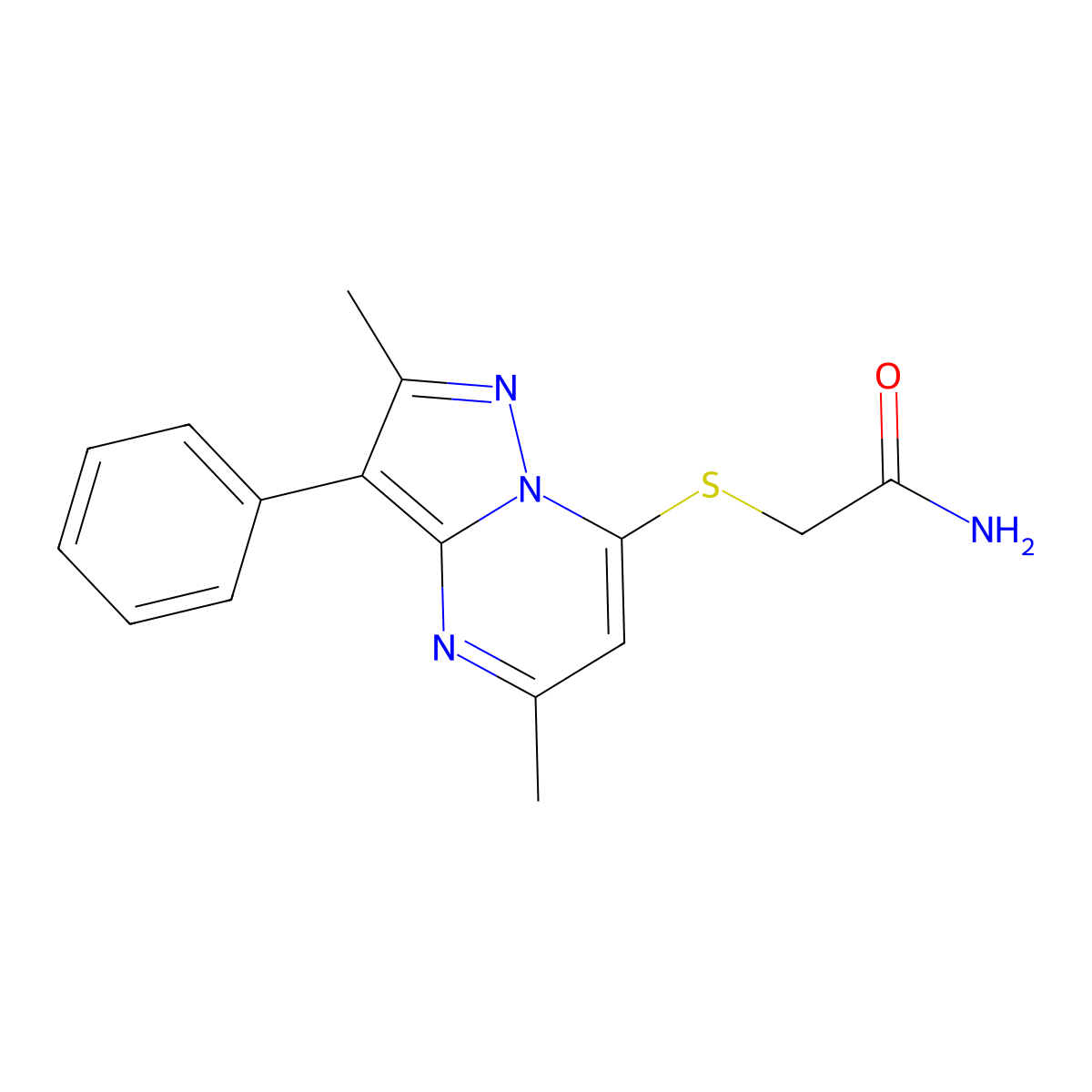 2-((2,5-Dimethyl-3-phenylpyrazolo[1,5-a]pyrimidin-7-yl)thio)acetamide molecular structure, CAS 850802-55-0