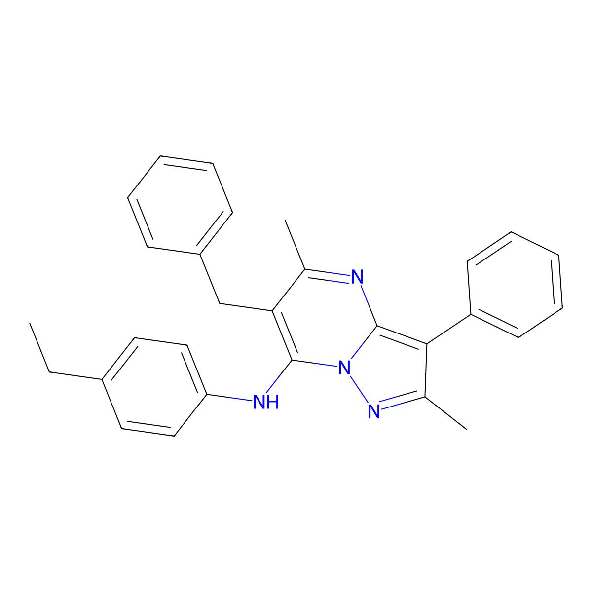 6-benzyl-N-(4-ethylphenyl)-2,5-dimethyl-3-phenylpyrazolo[1,5-a]pyrimidin-7-amine molecular structure, CAS 850803-57-5