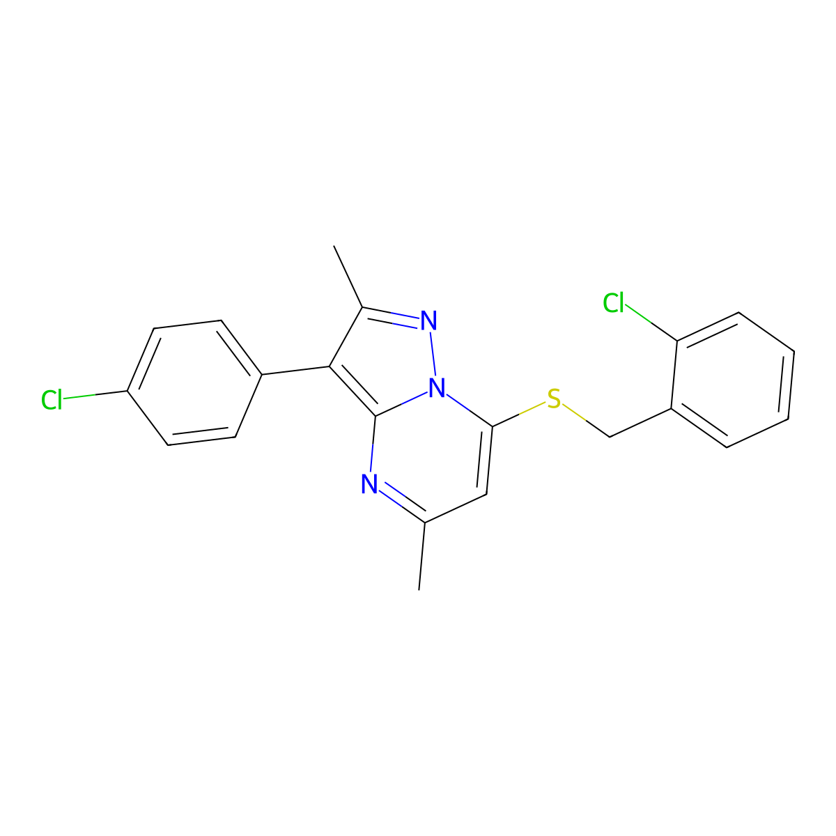 7-[(2-Chlorobenzyl)sulfanyl]-3-(4-chlorophenyl)-2,5-dimethylpyrazolo[1,5-a]pyrimidine molecular structure, CAS 850803-87-1