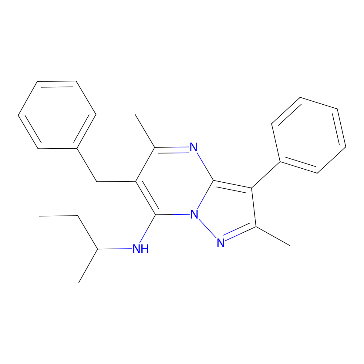 6-benzyl-N-(butan-2-yl)-2,5-dimethyl-3-phenylpyrazolo[1,5-a]pyrimidin-7-amine molecular structure, CAS 850824-92-9