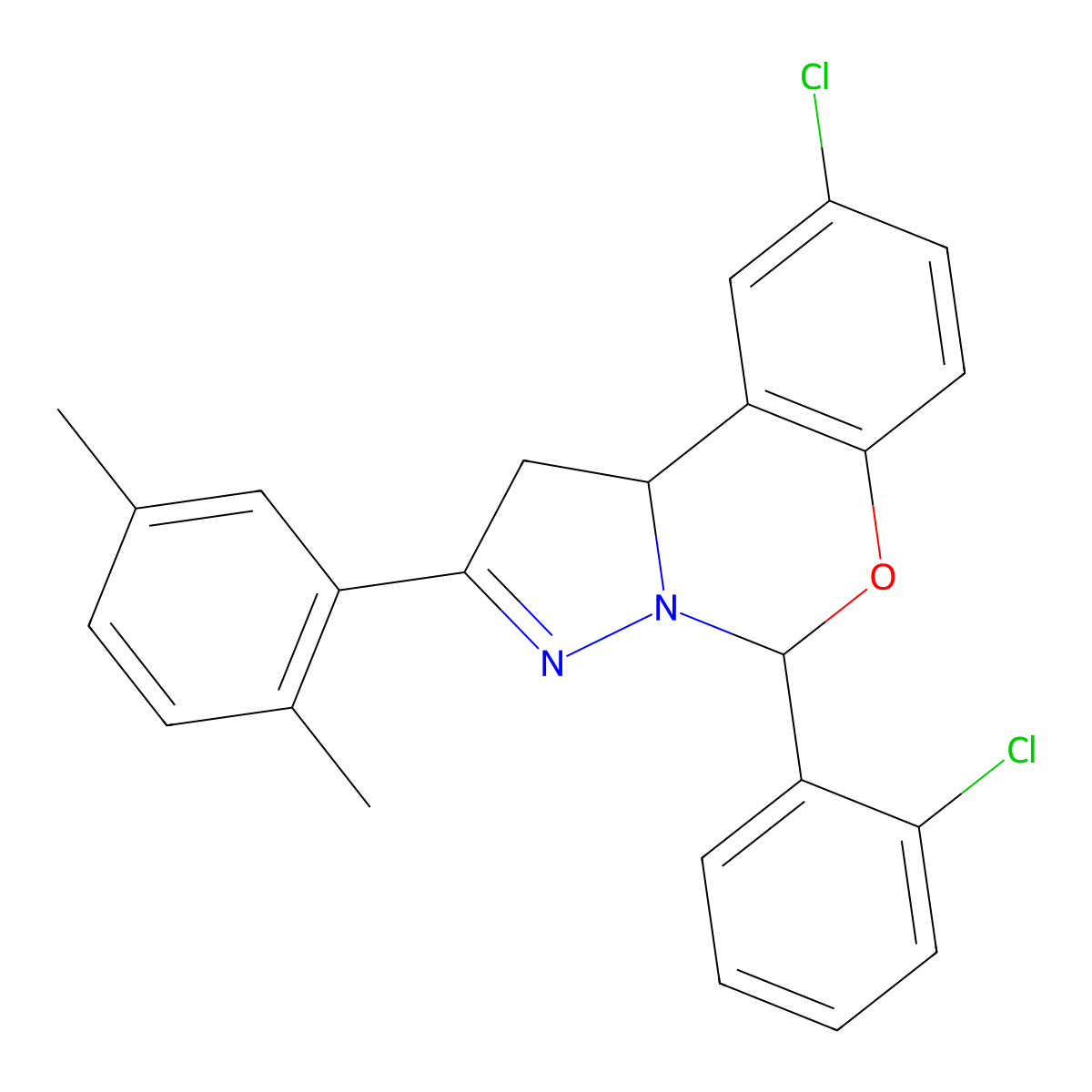 9-Chloro-5-(2-chlorophenyl)-2-(2,5-dimethylphenyl)-1,10b-dihydropyrazolo[1,5-c][1,3]benzoxazine molecular structure, CAS 850826-09-4