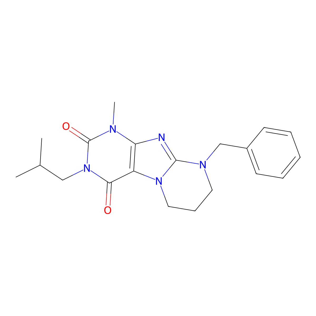 9-benzyl-3-isobutyl-1-methyl-6,7,8,9-tetrahydropyrimido[2,1-f]purine-2,4(1H,3H)-dione molecular structure, CAS 850826-22-1