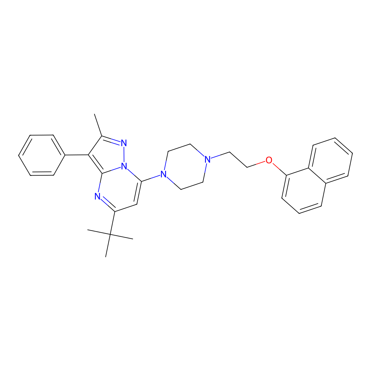 5-Tert-butyl-2-methyl-7-{4-[2-(naphthalen-1-yloxy)ethyl]piperazin-1-yl}-3-phenylpyrazolo[1,5-a]pyrimidine molecular structure, CAS 850827-13-3