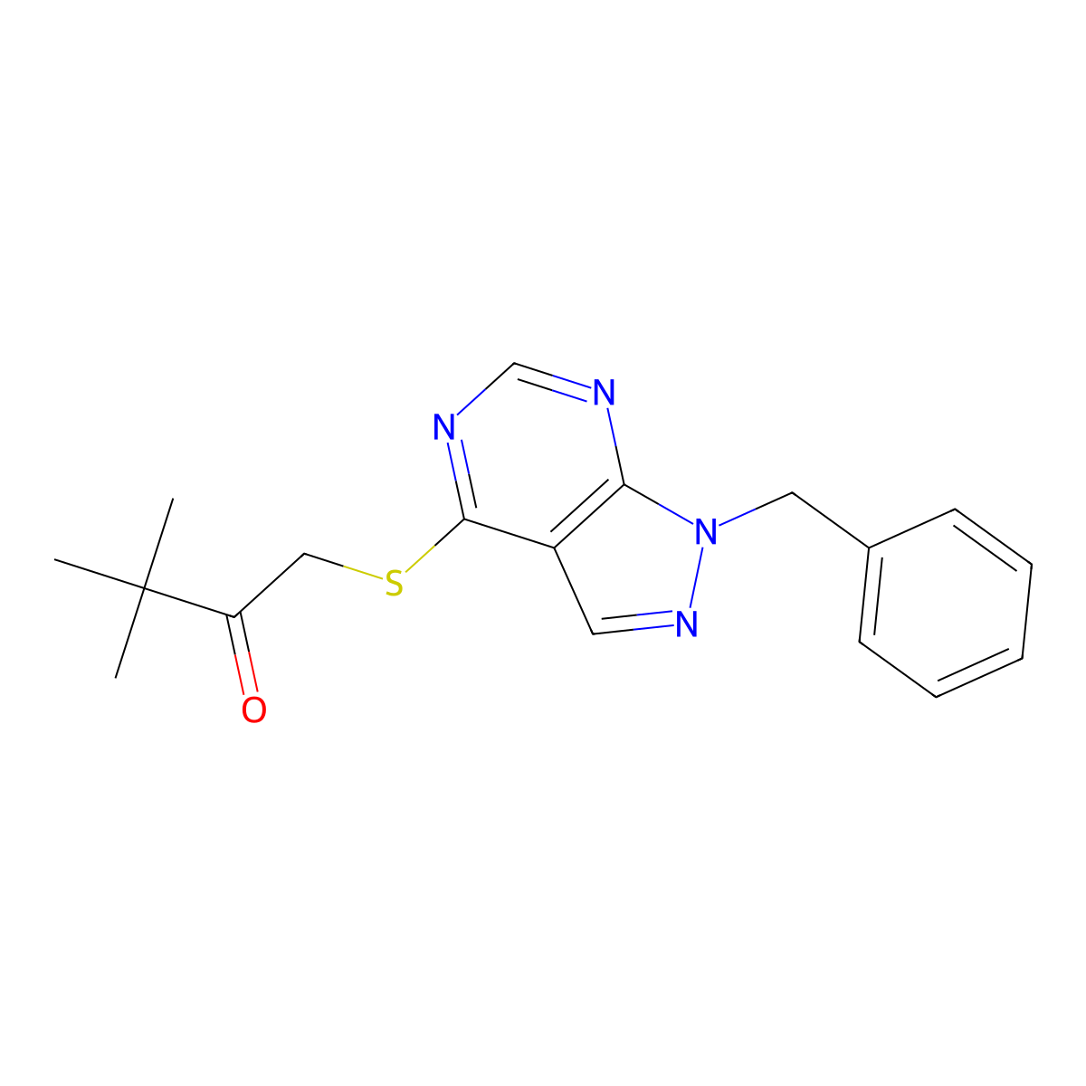 1-(1-Benzylpyrazolo[3,4-d]pyrimidin-4-yl)sulfanyl-3,3-dimethylbutan-2-one molecular structure, CAS 850899-73-9