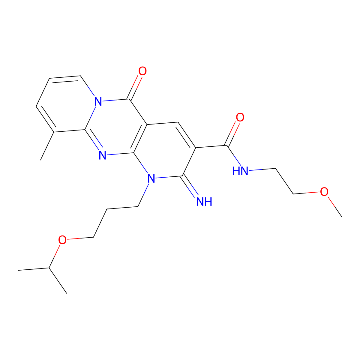 2-imino-N-(2-methoxyethyl)-10-methyl-5-oxo-1-(3-propan-2-yloxypropyl)dipyrido[3,4-c:1',2'-f]pyrimidine-3-carboxamide molecular structure, CAS 850900-01-5