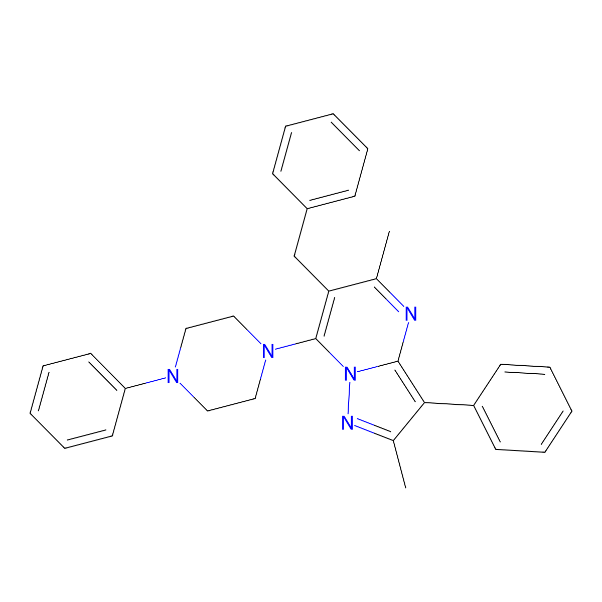 6-Benzyl-2,5-dimethyl-3-phenyl-7-(4-phenylpiperazin-1-yl)pyrazolo[1,5-a]pyrimidine molecular structure, CAS 850900-84-4