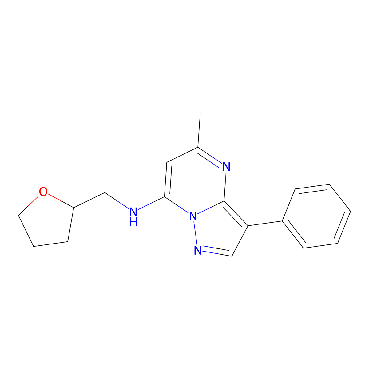 5-methyl-3-phenyl-N-(tetrahydrofuran-2-ylmethyl)pyrazolo[1,5-a]pyrimidin-7-amine molecular structure, CAS 850901-24-5