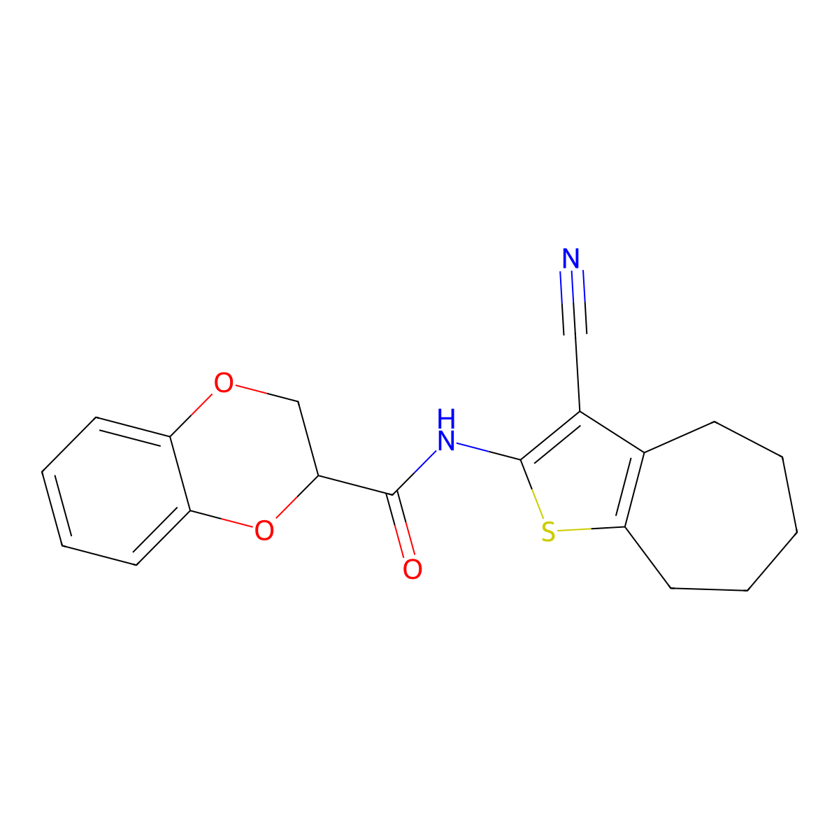 N-(3-cyano-5,6,7,8-tetrahydro-4H-cyclohepta[b]thiophen-2-yl)-2,3-dihydro-1,4-benzodioxine-3-carboxamide molecular structure, CAS 850903-29-6