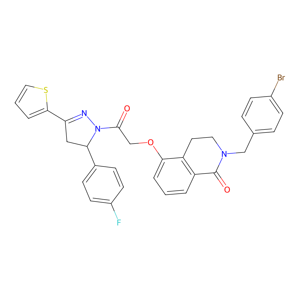2-(4-bromobenzyl)-5-(2-(5-(4-fluorophenyl)-3-(thiophen-2-yl)-4,5-dihydro-1H-pyrazol-1-yl)-2-oxoethoxy)-3,4-dihydroisoquinolin-1(2H)-one molecular structure, CAS 850904-46-0