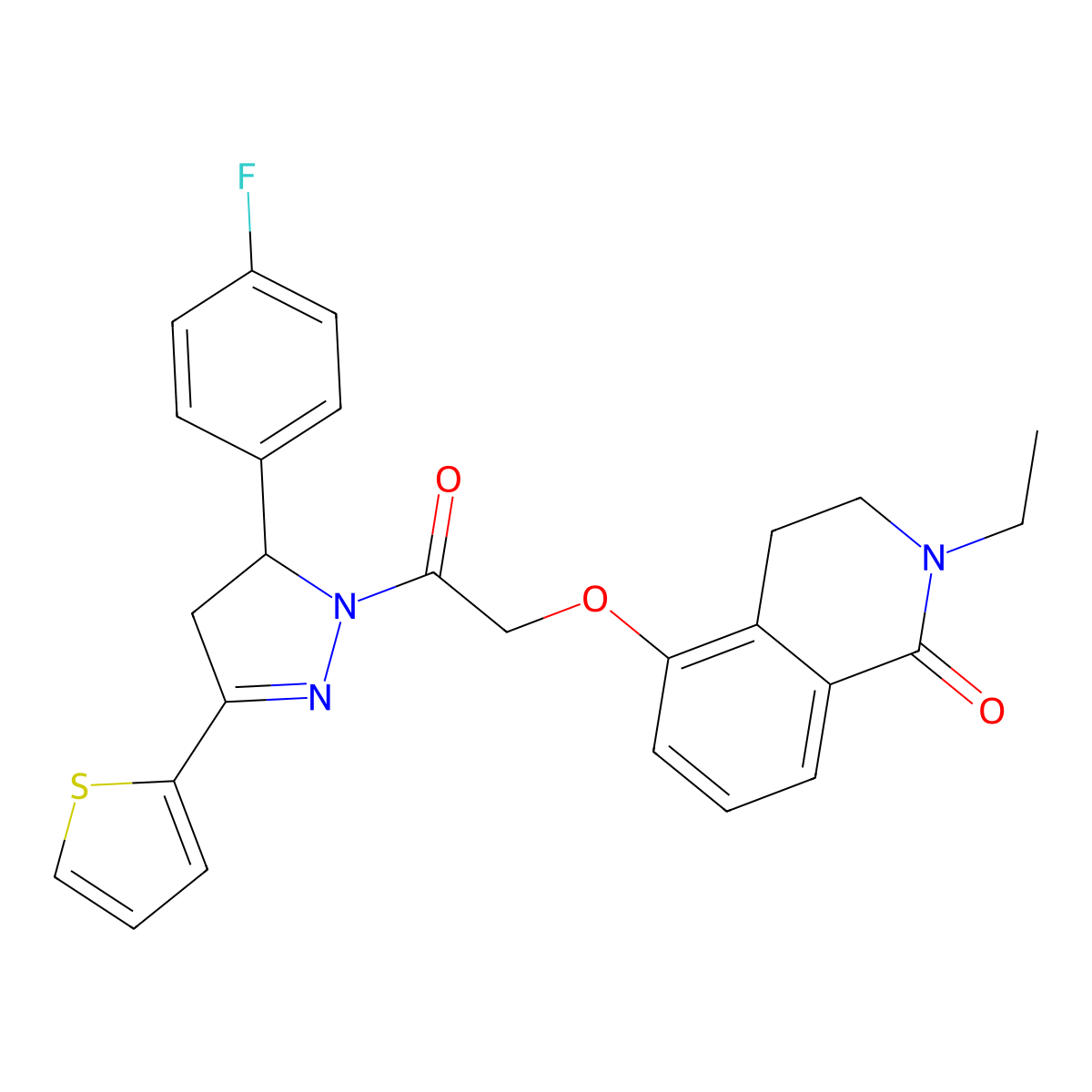 2-Ethyl-5-[2-[3-(4-fluorophenyl)-5-thiophen-2-yl-3,4-dihydropyrazol-2-yl]-2-oxoethoxy]-3,4-dihydroisoquinolin-1-one molecular structure, CAS 850905-23-6