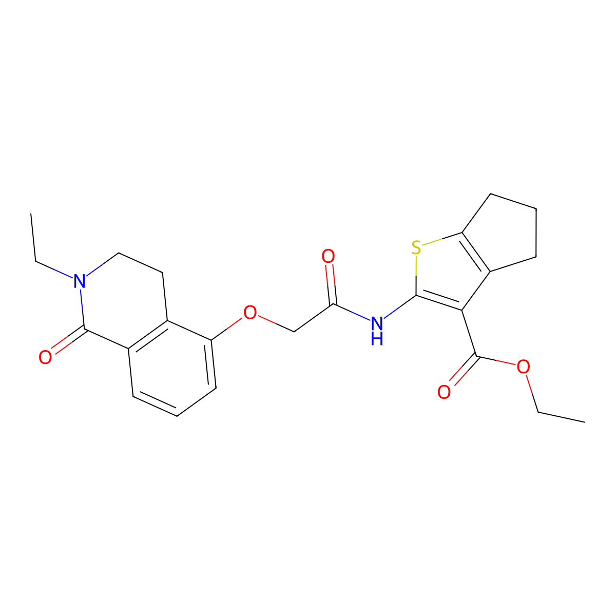 ethyl 2-(2-((2-ethyl-1-oxo-1,2,3,4-tetrahydroisoquinolin-5-yl)oxy)acetamido)-5,6-dihydro-4H-cyclopenta[b]thiophene-3-carboxylate molecular structure, CAS 850905-24-7