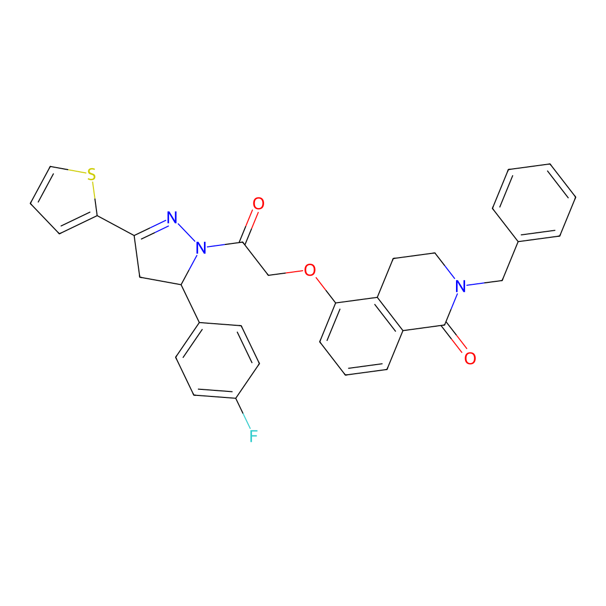 5-[2-[3-(4-Fluorophenyl)-5-thiophen-2-yl-3,4-dihydropyrazol-2-yl]-2-oxoethoxy]-2-(phenylmethyl)-3,4-dihydroisoquinolin-1-one molecular structure, CAS 850905-67-8