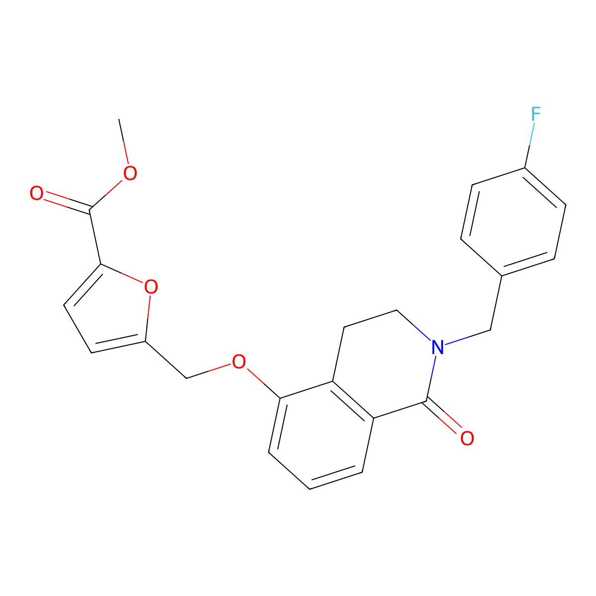 Methyl 5-(((2-(4-fluorobenzyl)-1-oxo-1,2,3,4-tetrahydroisoquinolin-5-yl)oxy)methyl)furan-2-carboxylate molecular structure, CAS 850905-69-0