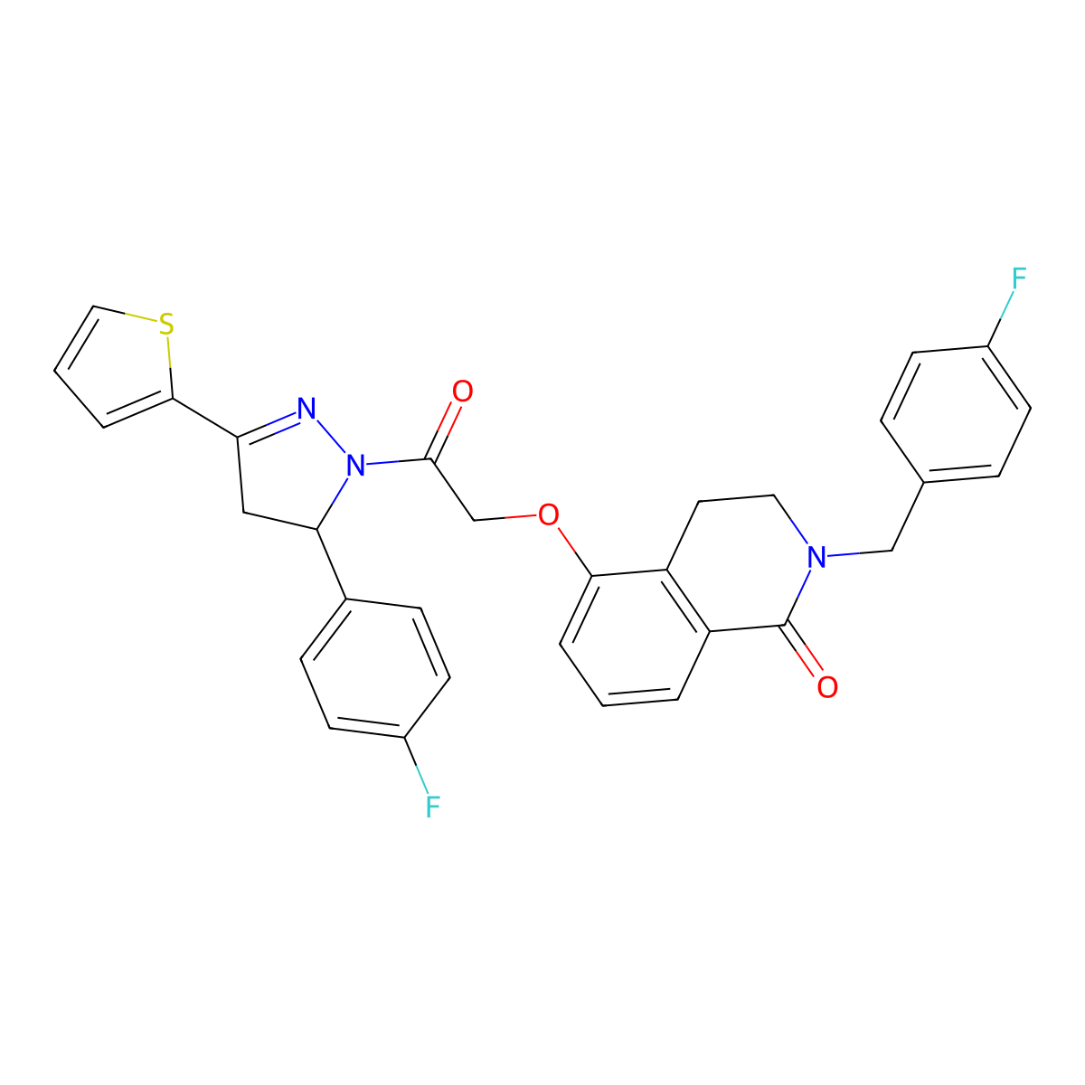 2-[(4-Fluorophenyl)methyl]-5-[2-[3-(4-fluorophenyl)-5-thiophen-2-yl-3,4-dihydropyrazol-2-yl]-2-oxoethoxy]-3,4-dihydroisoquinolin-1-one molecular structure, CAS 850906-08-0